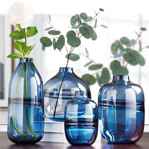 现代简约玻璃花瓶家居客厅北欧餐厅插花蓝色透明花器软装饰品摆件