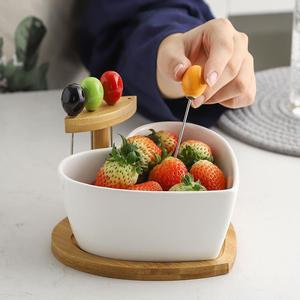创意干果盘陶瓷沙拉碗带叉家用水果盘碗客厅个性糖果篮小吃点心盘