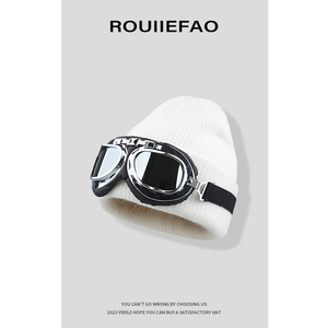 ROUIIEFAO护目眼镜针织滑雪帽子女冬季保暖毛线帽飞行员护耳帽男