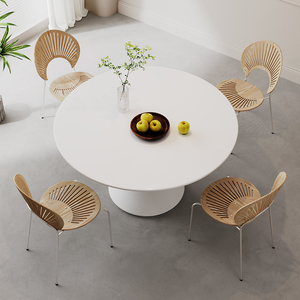 纯白哑光岩板圆形餐桌椅组合小户型家用现代纯黑简约饭桌子奶油风