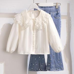 巴拉巴柆女童衬衫套装2024春秋新款时髦洋气蕾丝白色衬衣珍珠