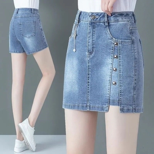 女士高腰牛仔短裙裤2023年新款夏季薄款显瘦a字包裙外穿直筒短裤