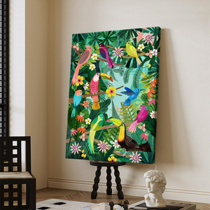 多巴胺彩色鸟类玄关装饰画客厅手绘油画森林绿植花卉美式简约挂画
