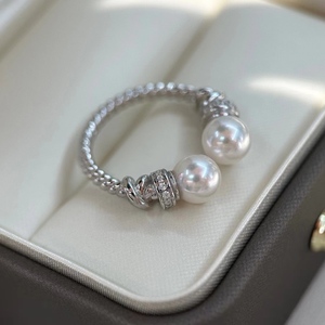 S925纯银编织麻花天然珍珠开口戒指可调节5MM女款中古风指环新款