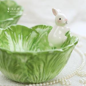 。卡通动物陶瓷创意收纳可爱萌物手绘小白兔果盘沙拉碗 白菜兔子