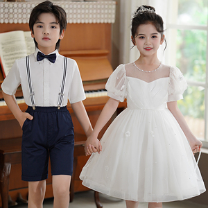 女童白色礼服公主裙夏季男童套装演出服儿童毕业照服装女孩连衣裙