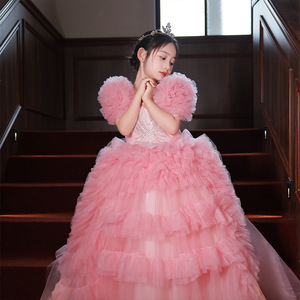 粉色欧美风儿童钢琴演出服装拖尾花童公主裙模特走秀礼服女童夏季