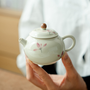 观策器隐草木灰纯手绘粉兰花陶瓷茶壶泡茶家用单壶一人专用小茶壶