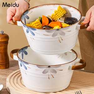 大号汤碗陶瓷日式双耳汤碗带耳把手家用高级感10英寸大面碗深碗公