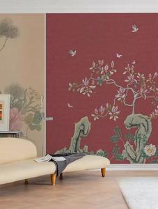 新中式花鸟无纺布墙纸客厅背景墙壁纸复古卧室墙布样板间定制壁画