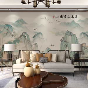 中国风富春山居图山水装饰壁画电视背景墙纸客厅沙发影视墙布壁纸