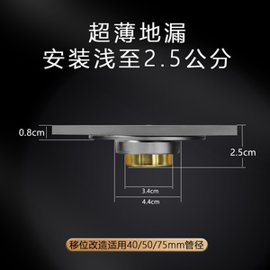 不锈钢超薄地漏移位40管超浅下水道二改管洗衣机2.5公分防臭极薄