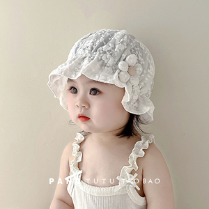 婴儿帽子夏季薄款透气遮阳帽蕾丝花朵纯棉女宝宝公主渔夫帽防晒帽