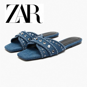 ZA 西班牙新款拖鞋女蓝色牛仔水钻铆钉平底沙滩凉鞋简约外穿休闲