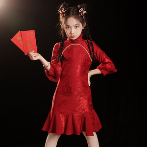女童旗袍拜年服冬季中国风高级儿童唐装加厚长袖红色小女孩鱼尾裙