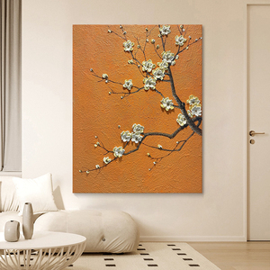 新中式白色梅花卉客厅装饰画石英砂肌理手绘油画抽象植物玄关挂画