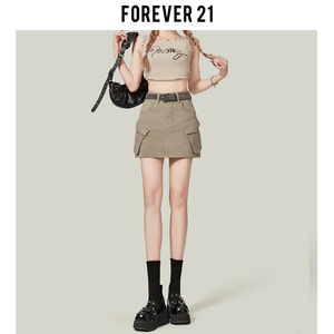 Forever21浅咖色美式工装半身裙女高腰辣妹A字牛仔裙包臀超短裙子