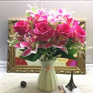 高档仿真玫瑰百合花束套装假花单支客厅装饰花绢花餐桌摆件花卉