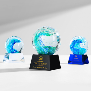 创意高档水晶工艺品奖杯琉璃手工海浪球定制办公室风水球摆件纪念