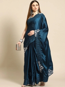 印度直邮绸缎纱丽未缝制小上衣 Embroidered Satin Saree