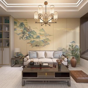 新中式复古硬包背景墙客厅沙发刺绣皮革卧室床头电视墙壁画酒店