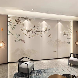 新中式山水花鸟刺绣硬包电视背景墙客厅沙发影视墙装饰软硬包卧室