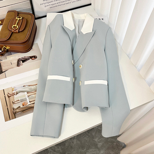淡蓝色拼接韩版西装外套女2024春季新款设计感时尚通勤短款小西服