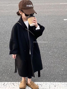 韩版女童2023秋季新款毛呢大衣外套秋冬款儿童黑色中长款呢子大衣