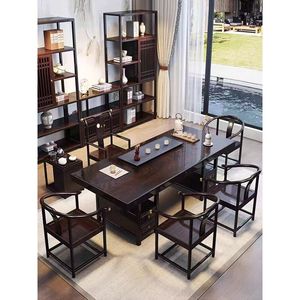 全实木大板茶桌椅组合新中式黑檀木整板桌面原木大板茶台泡茶桌