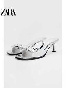 ZARA女鞋2024新款银色镀金属层粗跟高跟凉鞋方跟露趾时装凉拖鞋女