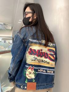 Evisu/福神牛仔衣稻荷面具与标语牛仔夹克休闲男女宽松长袖外套潮