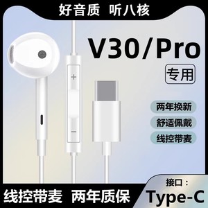 适用荣耀V30手机耳机入耳式降噪有线专用v30pro原装正品Typec耳线