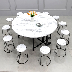 家用折叠餐桌可伸缩圆形饭桌简约大圆桌仿大理石餐椅组合圆桌子