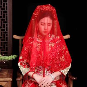 红盖头新娘红色头纱中式秀禾汉服古风2021新款半透明蕾丝结婚红纱