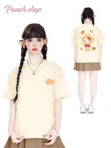 Peach Shop 原创可爱猫咪正肩短袖T恤女夏季新款奶呼呼宽松半截袖