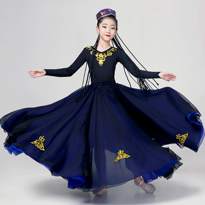 新疆舞蹈服大摆裙儿童民族舞蹈装女半身裙长款维族舞蹈练习演出服