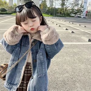 巴拉bala儿童韩版牛仔外套2023冬季新品女宝宝翻领中长款加厚韩系