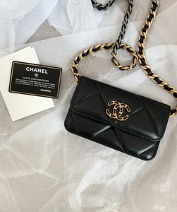 中古CHANEL香奈儿 19Bag 金扣经典翻盖链条 小羊皮 晚宴包零钱包