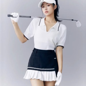 韩版高尔夫球服装女套装冰丝白色短袖POLO衫golf速干百褶短裙夏季