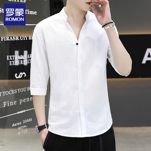 罗蒙中国风夏季亚麻衬衫男士短袖新中式立领高级感纯棉白衬衣男装