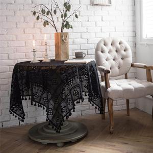 黑色欧式美式钩针蕾丝布方桌布北欧风INS风格子拍照小茶几圆桌布