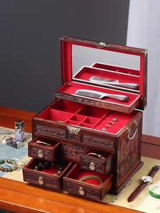 老挝大红酸枝首饰盒实木珠宝饰品收纳盒红木结婚化妆箱子中式复古