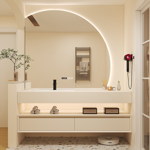 科勒卫浴奶油风岩板一体盆浴室柜组合橡胶木轻奢设计师定制洗手脸