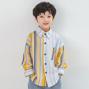巴拉巴柆2024新款纯棉长袖衬衫男童拼接条纹衬衣洋气翻领上衣黄蓝