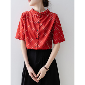 2024年新款女夏装红色波点衬衫法式气质短袖衬衣洋气独特别致上衣