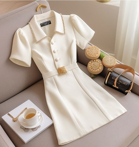小个子钉珠衬衫裙2024夏季高端精致欧货气质收腰小香风白色连衣裙