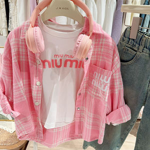女童春秋衬衫2024年新款时尚儿童洋气休闲粉色长袖格子衬衫外套潮