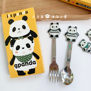 现货 日本制儿童卡通熊猫panda水果点心不锈钢餐具勺子叉子套装