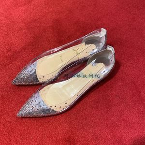 Christian Louboutin/CL新款尖头透明水钻红底女士单鞋平底鞋