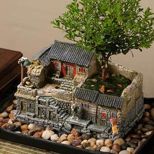 中式复古建筑老房子模型苔藓微景观造景创意花盆文竹盆栽盆景摆件